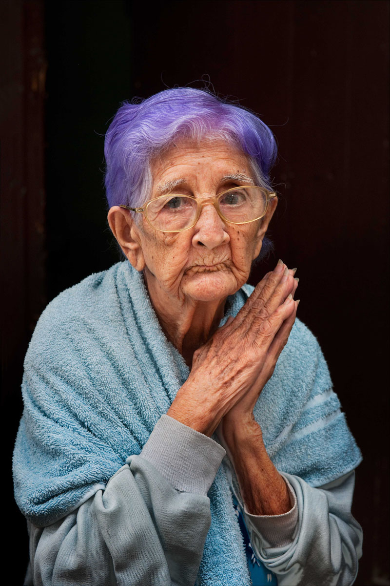 old woman with purple hair