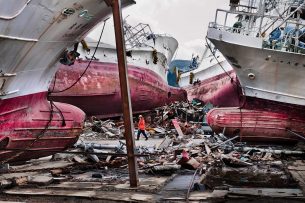 Shipwrecked ships at Kesennuma