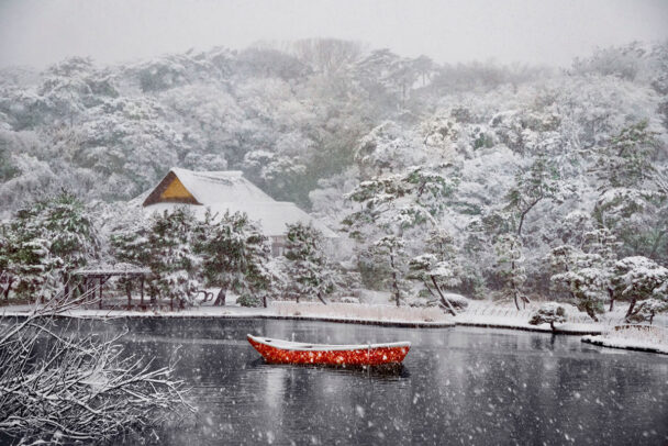 Boat Covered in Snow in Sankei-en Gardens