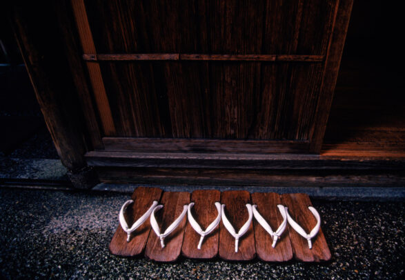 Wooden geta, or slippers, lined up outside the Tawaraya Inn in Kyoto