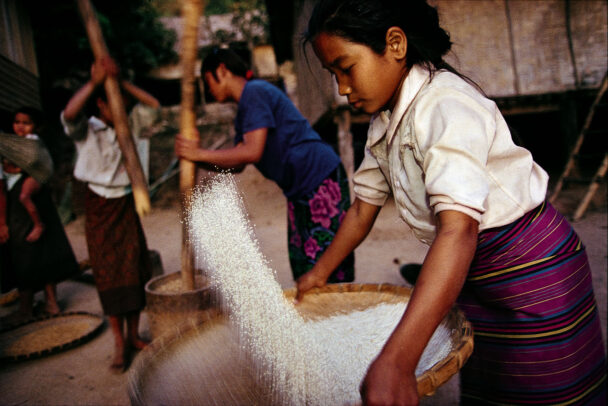 a girl who is sifting rice