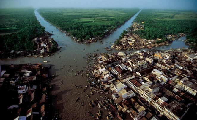 aerial view of the canals of the Mekong Delta at the floating market