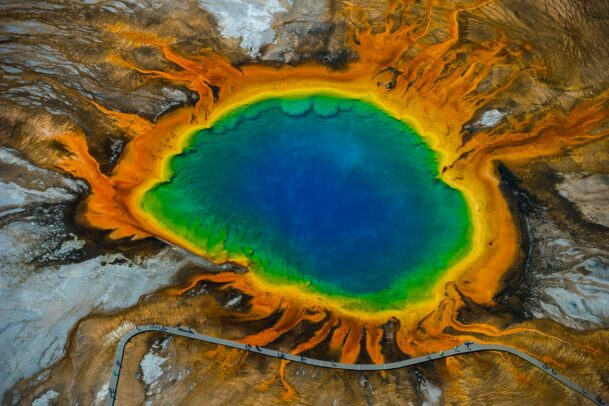 aerial view of a geothermic pond in Yellowstone Park